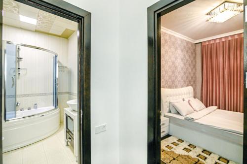uma casa de banho com uma banheira, uma cama e um espelho. em City Centre DeLuxe em Baku