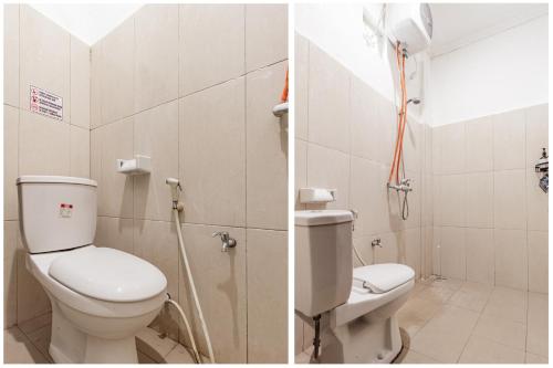 2 fotografias de uma casa de banho com um WC e um chuveiro em Capital O 93944 Geweka Homestay em Jimbaran