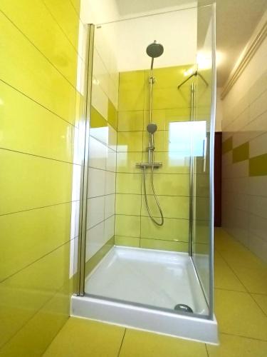 a shower with a glass door in a bathroom at Jane's Garden in Matulji