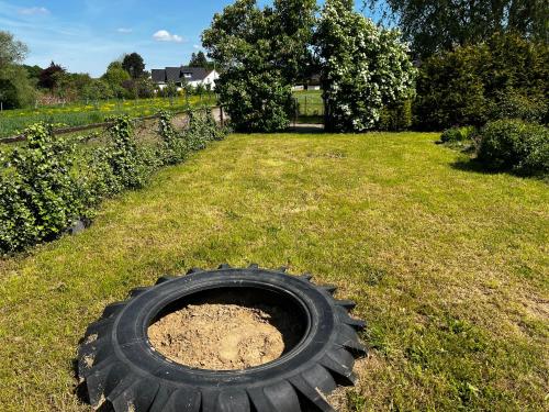 a large tire sitting in the grass in a yard at Ferienwohnung Seeblick in Retgendorf