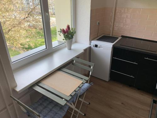 a kitchen with a counter and a table with a window at Cozy Two Room Apartment near city centre in Alytus