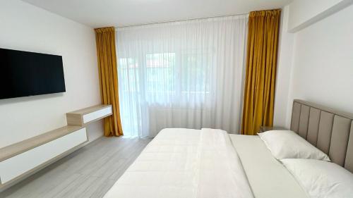 Habitación de hotel con cama y TV de pantalla plana. en Zain Apartment en Craiova
