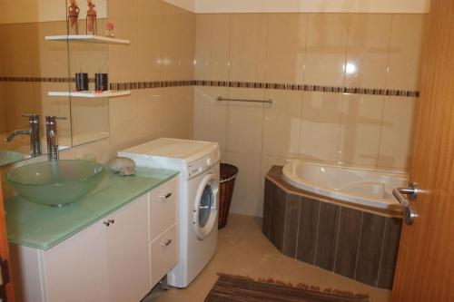 y baño con lavabo y lavadora. en Casa Silva Do Minho, en Arcos de Valdevez
