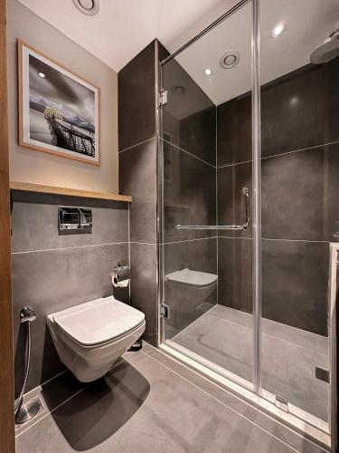 a bathroom with a toilet and a shower at Aiden by Best Western Hennur Bengaluru in Bengaluru