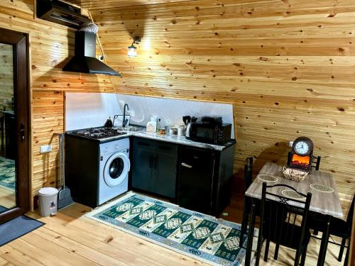 a kitchen with a stove and a washing machine at Wayside Cottage in Batumi