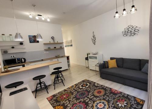 ein Wohnzimmer mit einem Sofa und einer Küche in der Unterkunft ELLA Apartment in Budapest