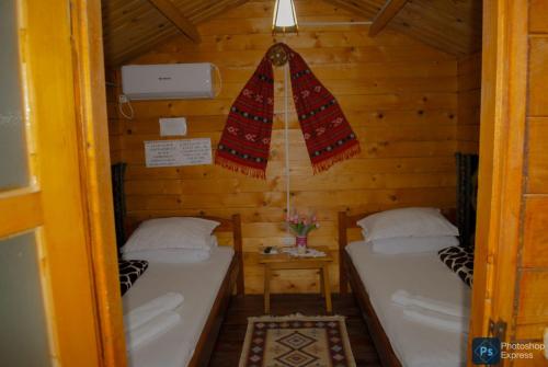 a room with two beds in a log cabin at Căsuțele dintre vii in Runcu