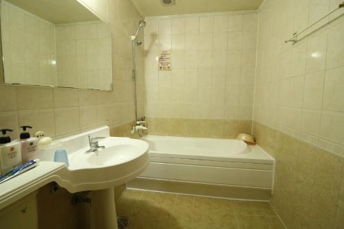 a bathroom with a sink and a bath tub and a sink at Busan Station Centum Hotel in Busan