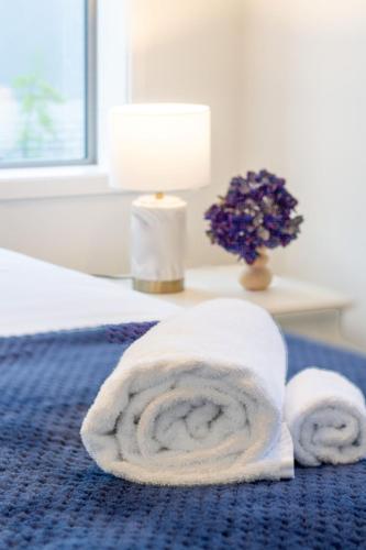 a room with two towels on a blue rug at 2 Bedrooms overlooking Park - Exquisite Views in Christchurch