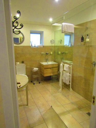 a large bathroom with a sink and a shower at Rosedene Guest House in Cape Town