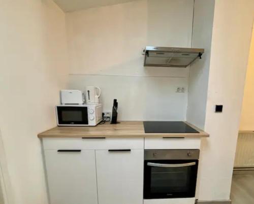 eine Küche mit einer Arbeitsplatte und einer Mikrowelle in der Unterkunft Maison Saint Roch in Tourcoing