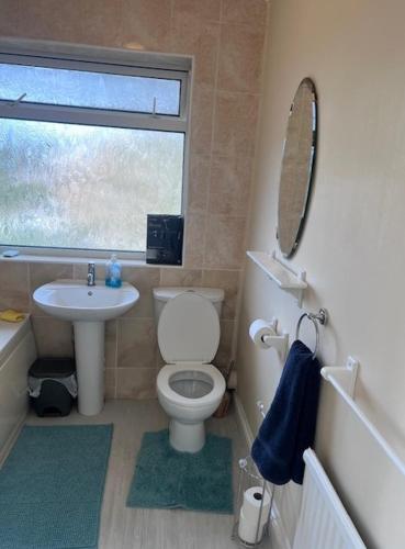 a bathroom with a toilet and a sink and a mirror at Newport Pagnell Guest House in Buckinghamshire