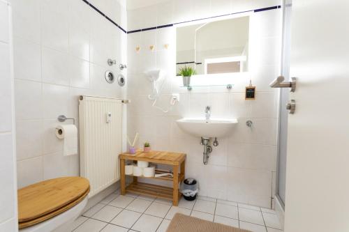 a bathroom with a toilet and a sink at FULL HOUSE STUDIOS - Paulus Apartment - Nespresso inklusive in Halle an der Saale