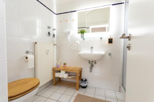 une salle de bains avec toilettes et lavabo dans l'établissement FullHouse - Halle - Paulus Apartment - Nespresso, à Halle-sur-Saale
