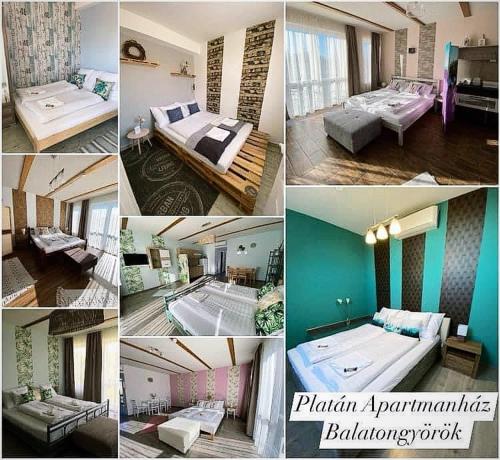 un collage de photos d'une chambre d'hôtel dans l'établissement Platán Apartmanház, à Balatongyörök