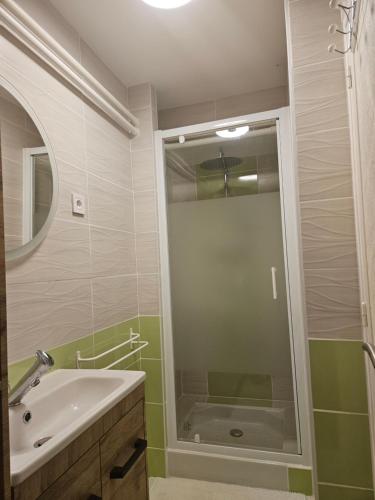 une salle de bain avec une baignoire, un lavabo et une douche dans l'établissement Appart à la campagne, à Perpezac-le-Noir