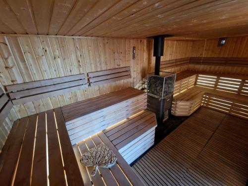 an empty sauna with two benches and a stove at Lisi Ogon zanurzeni w naturze in Lisi Ogon