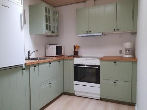 a kitchen with green cabinets and white appliances at Feriestedet Skovly in Klemensker