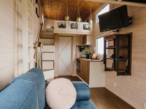 un salon avec un canapé bleu et une télévision dans l'établissement Aurora Green Hill, à Podobin