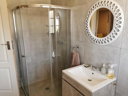 a bathroom with a shower and a sink and a mirror at Riverstone Farm in Dargle