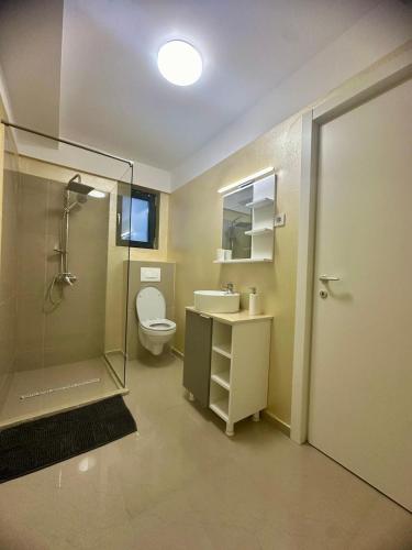 a bathroom with a shower and a toilet and a sink at Promenada Apartments in Năvodari