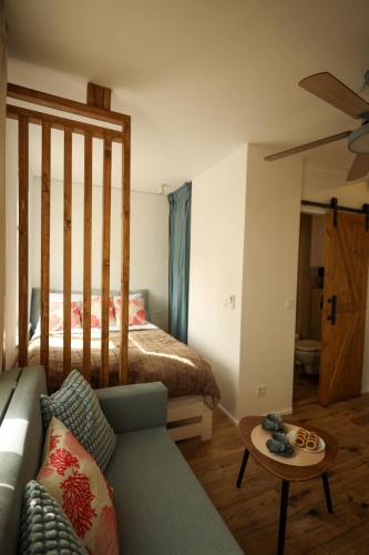 a living room with a couch and a bed at Seahorse apartment in Liepāja