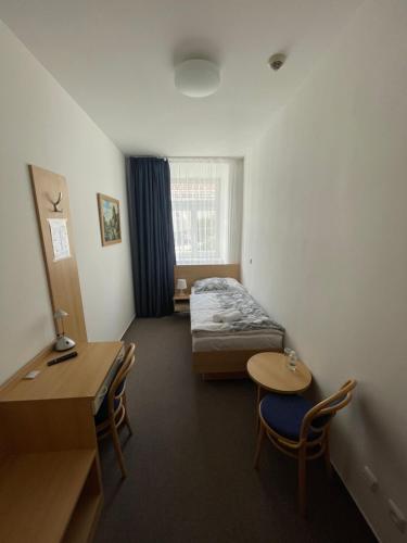 a room with a bed and a table and chairs at Hotel Pod Zámkem in Boskovice