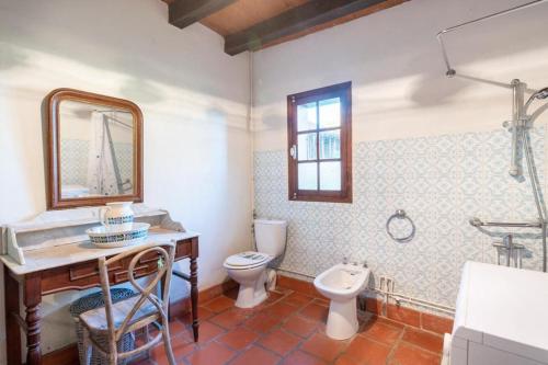 y baño con aseo, lavabo y espejo. en Maison de maître landaise, Bastide d'Armagnac en Lacquy