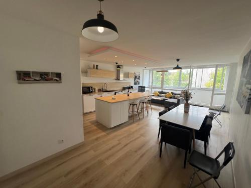 une cuisine et un salon avec une table et des chaises dans l'établissement Appartement 6-8 personnes, accès direct à Lyon, à Villeurbanne