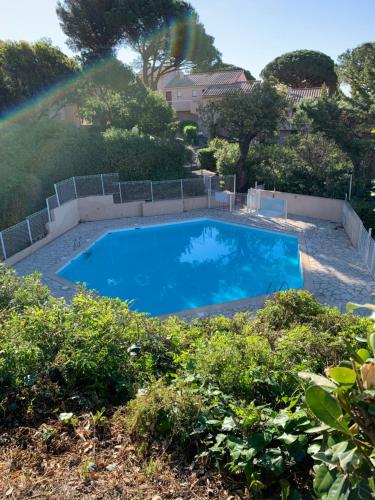 une grande piscine bleue dans une cour dans l'établissement Studio avec coin nuit, à Sainte-Maxime