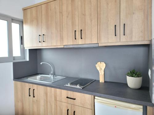 a kitchen with a sink and wooden cabinets at Villa Crystal in Sarandë