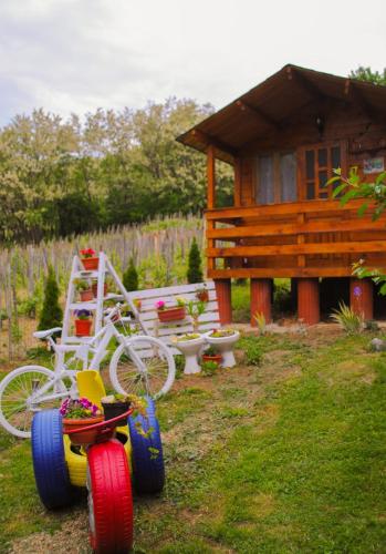 a white bike parked in front of a cabin at Căsuțele dintre vii in Runcu