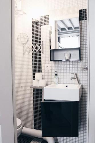 une salle de bain avec un lavabo et un miroir et des toilettes dans l'établissement Sacre Coeur Flat, à Paris