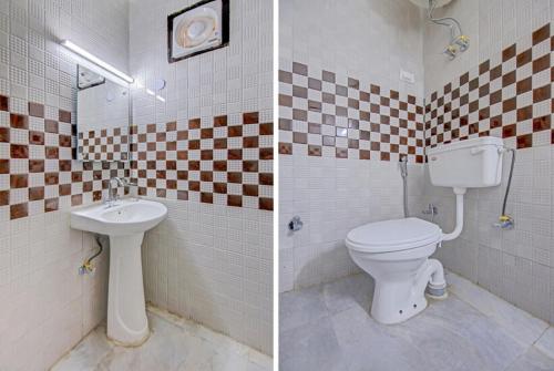 two pictures of a bathroom with a toilet and a sink at Saket Residency KD Plaza - 6 in New Delhi
