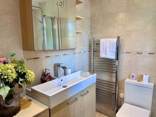 a bathroom with a white sink and a mirror at Large One Bedroom House near Twickenham stadium in Isleworth