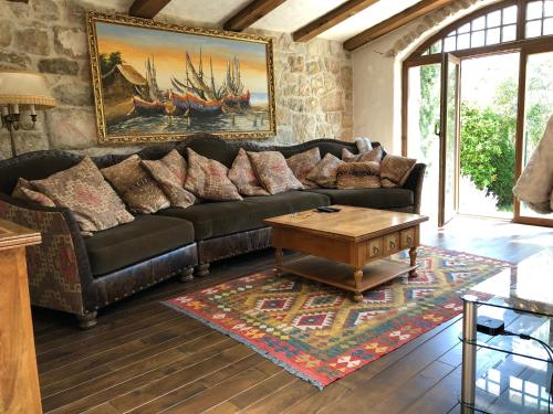 a living room with a leather couch and a coffee table at Villa Orly in Franciskovići