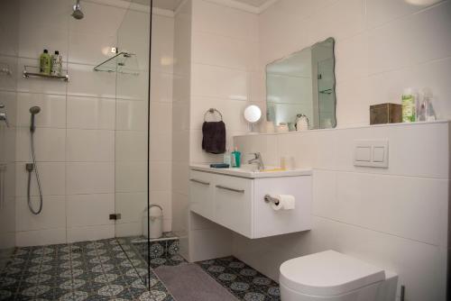 a bathroom with a shower and a toilet and a sink at Waterfront- 11 South Quay in Knysna