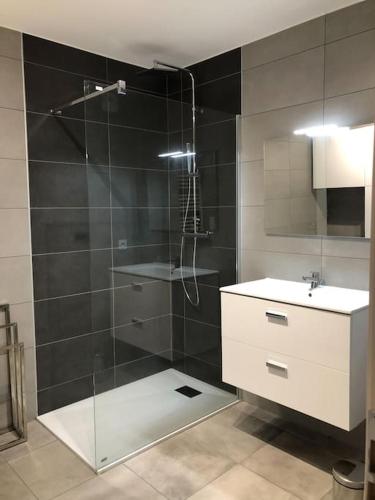 une salle de bain avec une douche en verre et un lavabo dans l'établissement Frasso T3 Vue mer centre de Porticcio et Garage, à Grosseto-Prugna