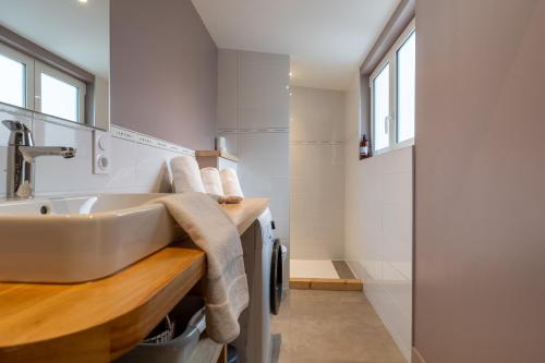 une salle de bain avec un lavabo et une douche dans l'établissement La Thibaudière - Appt en centre-ville, à Arcachon