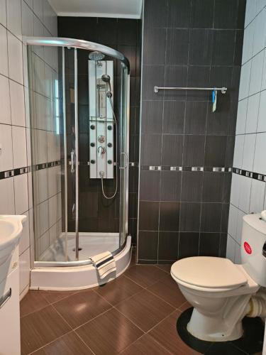 ein Bad mit einer Dusche und einem WC in der Unterkunft Family Hotel Komhotel in Berkowiza
