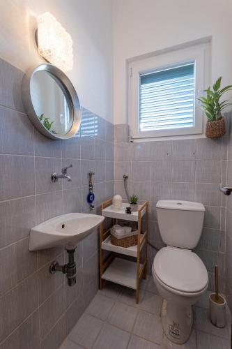 a bathroom with a toilet and a sink and a mirror at Apartment Kosljun with pool in Košljun
