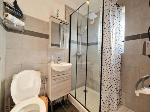 une salle de bain avec toilettes, douche et lavabo dans l'établissement Hibiscus - plage avec Parking - climatisé - wifi, à Canet