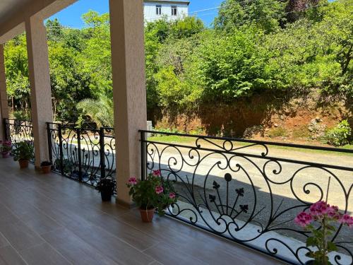 a balcony with potted plants and a view of a hill at Green Hause Marina in Batumi
