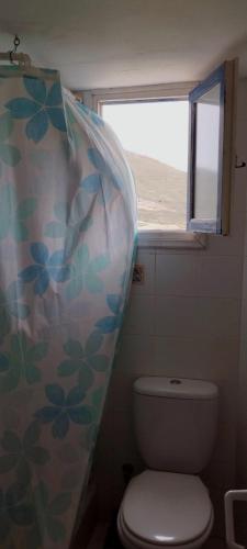 a bathroom with a toilet and a shower curtain at Καραμπεικο in Piso Livadi