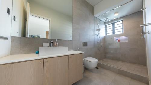 a bathroom with a sink and a toilet and a shower at Beach front penthouse in Pereybere in Grand Baie