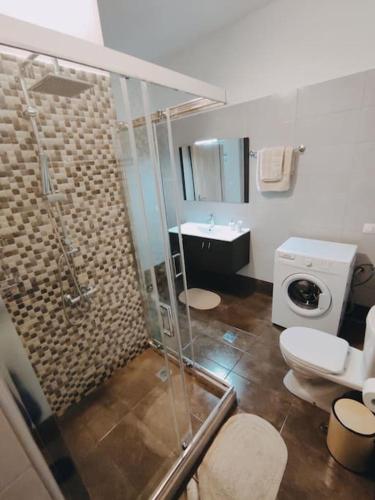 a bathroom with a shower and a toilet and a sink at Garden in Almirón