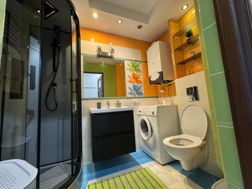 a bathroom with a shower and a toilet and a sink at Apartament Nad Zalewem in Zamość