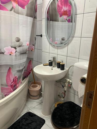 a bathroom with a sink and a toilet and a mirror at Apartament închiriere in Târgovişte