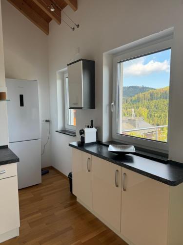 uma cozinha com uma grande janela e um frigorífico branco em Stilvolle Ferienwohnung in ruhiger Lage em Willingen