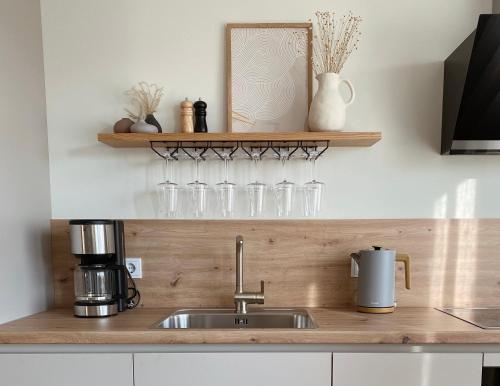 a kitchen with a sink and glasses on a shelf at NEU Ferienwohnung am Kloster, ländliche Idylle mit der ganzen Familie in Leinefelde